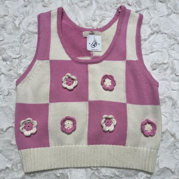 entro Tops - Entro Women's Pink White Crochet Detail Flowers Stretch Knit Top Size M